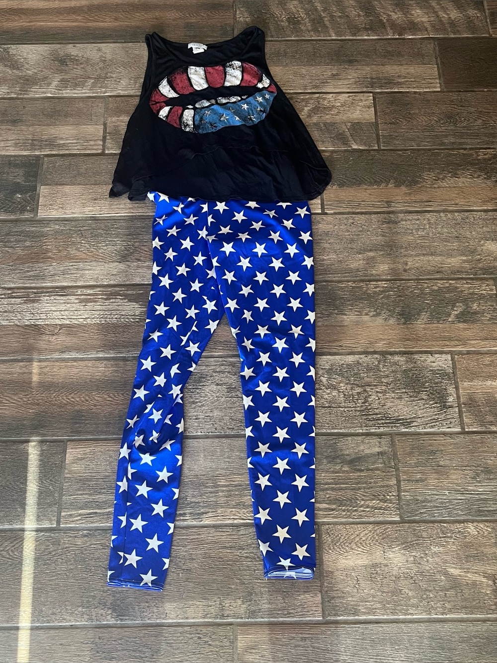 BlackMilk all over star print leggings blue background M bonus flag lips tank L - Picture 3 of 12